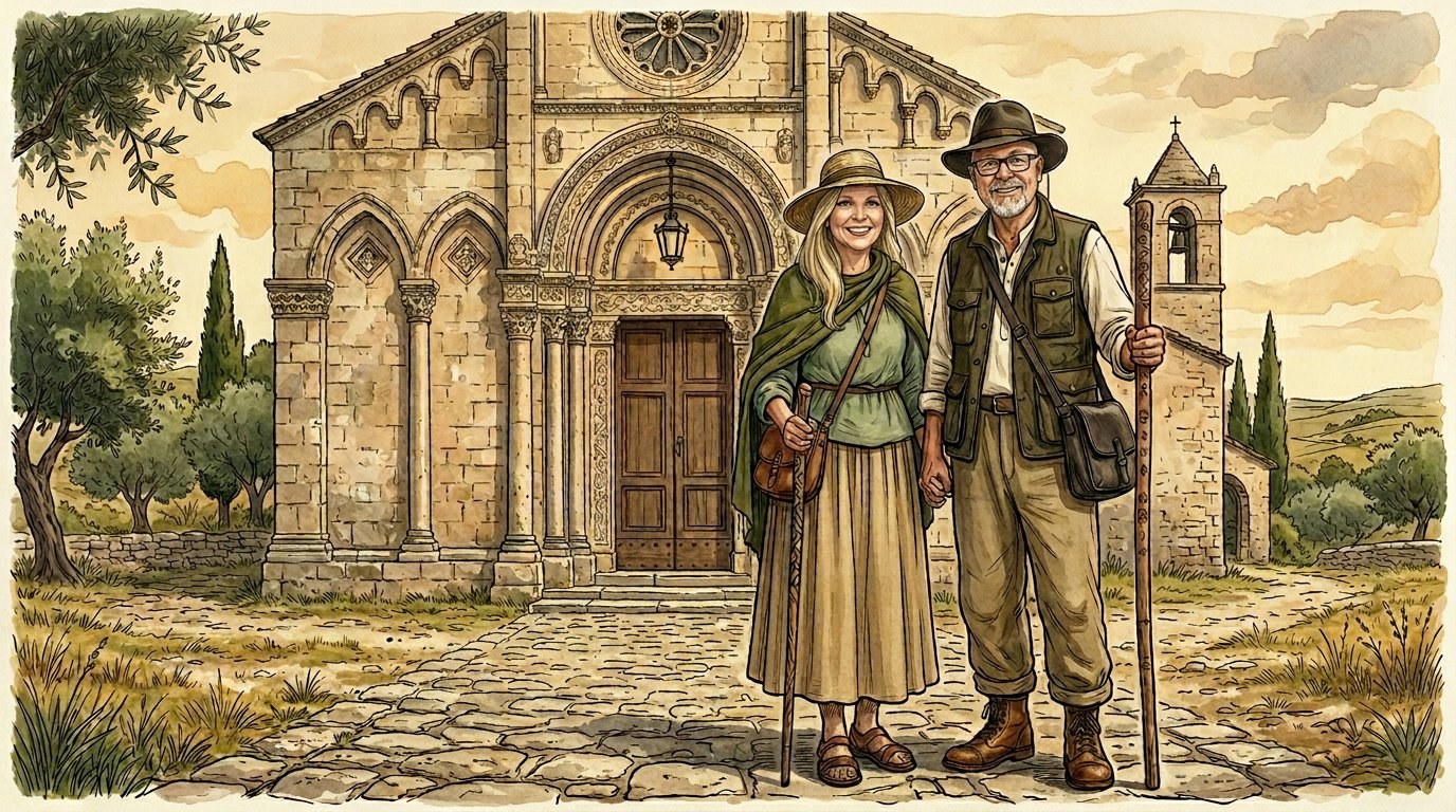 Jake and Maureen arriving at a Romanesque church in Puglia — illustration