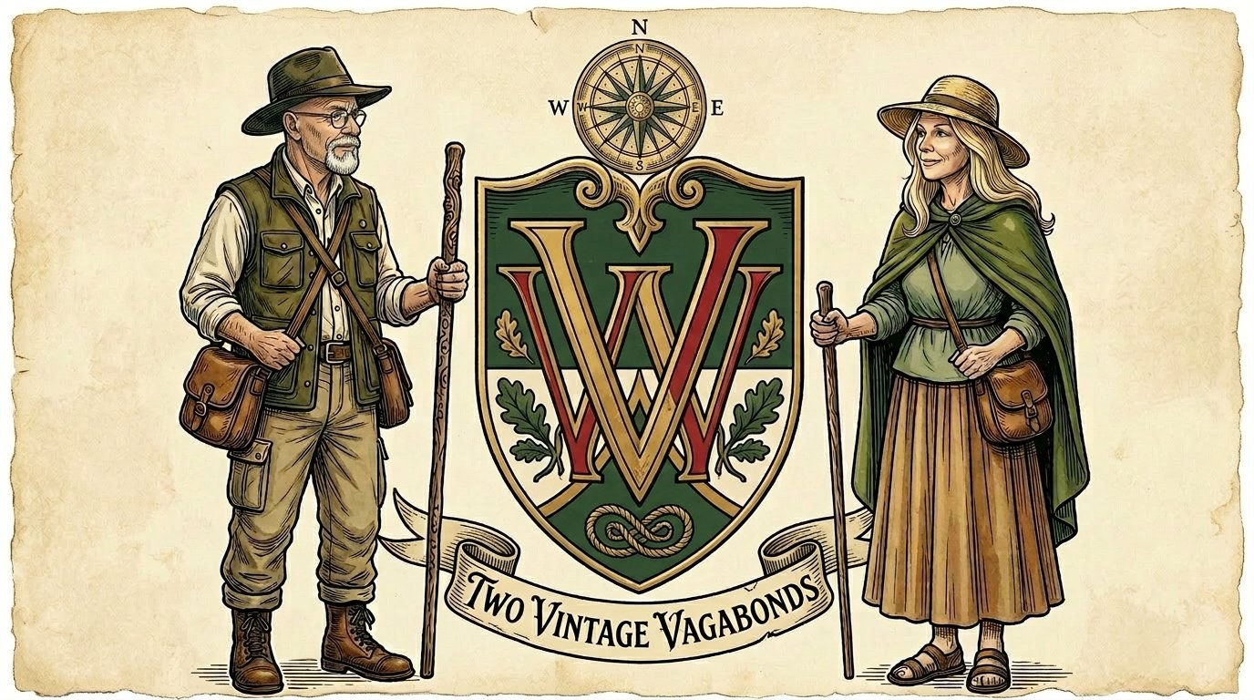 Two Vintage Vagabonds — Jake and Maureen flanking the TVV coat of arms