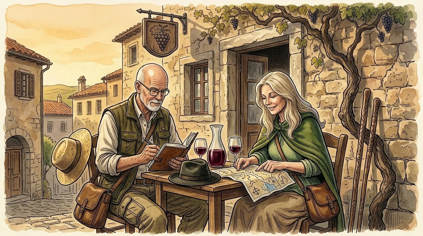 Jake and Maureen at a village enoteca, maps and wine on the table — illustration